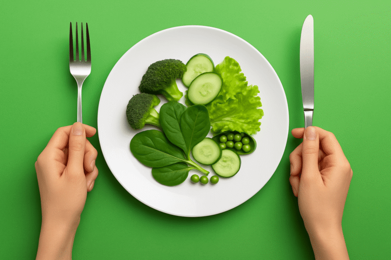 plate of green vegetables while 2 hands holding spoon and knife.