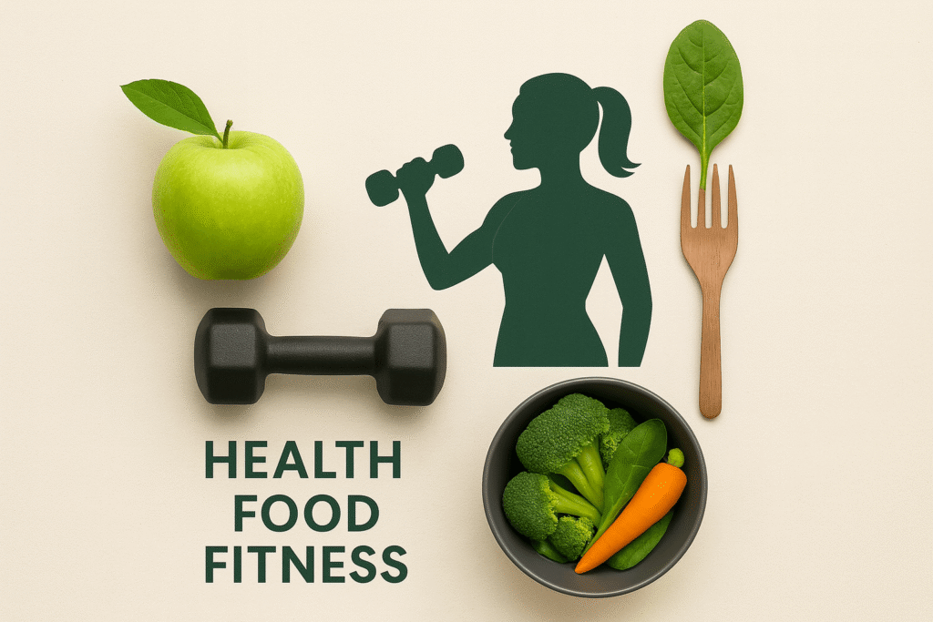 illustration of healthy lifestyle elements including a dumbbell, green apple, fork with spinach leaf.