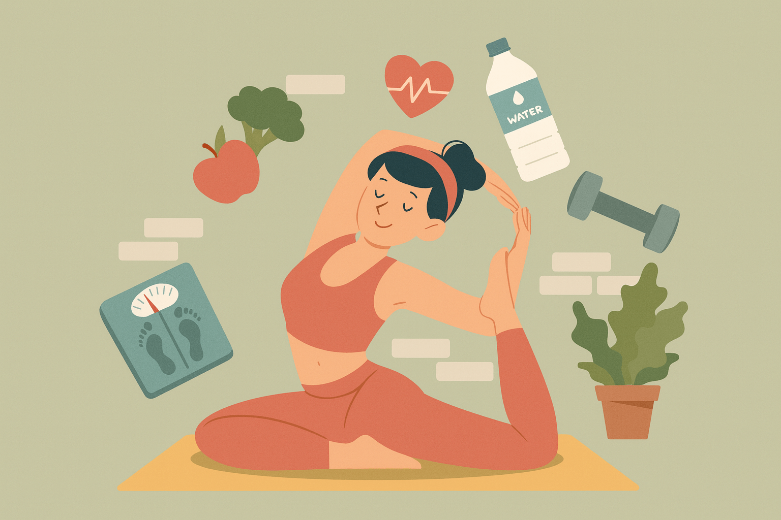 Woman stretching with health and wellness icons around her.