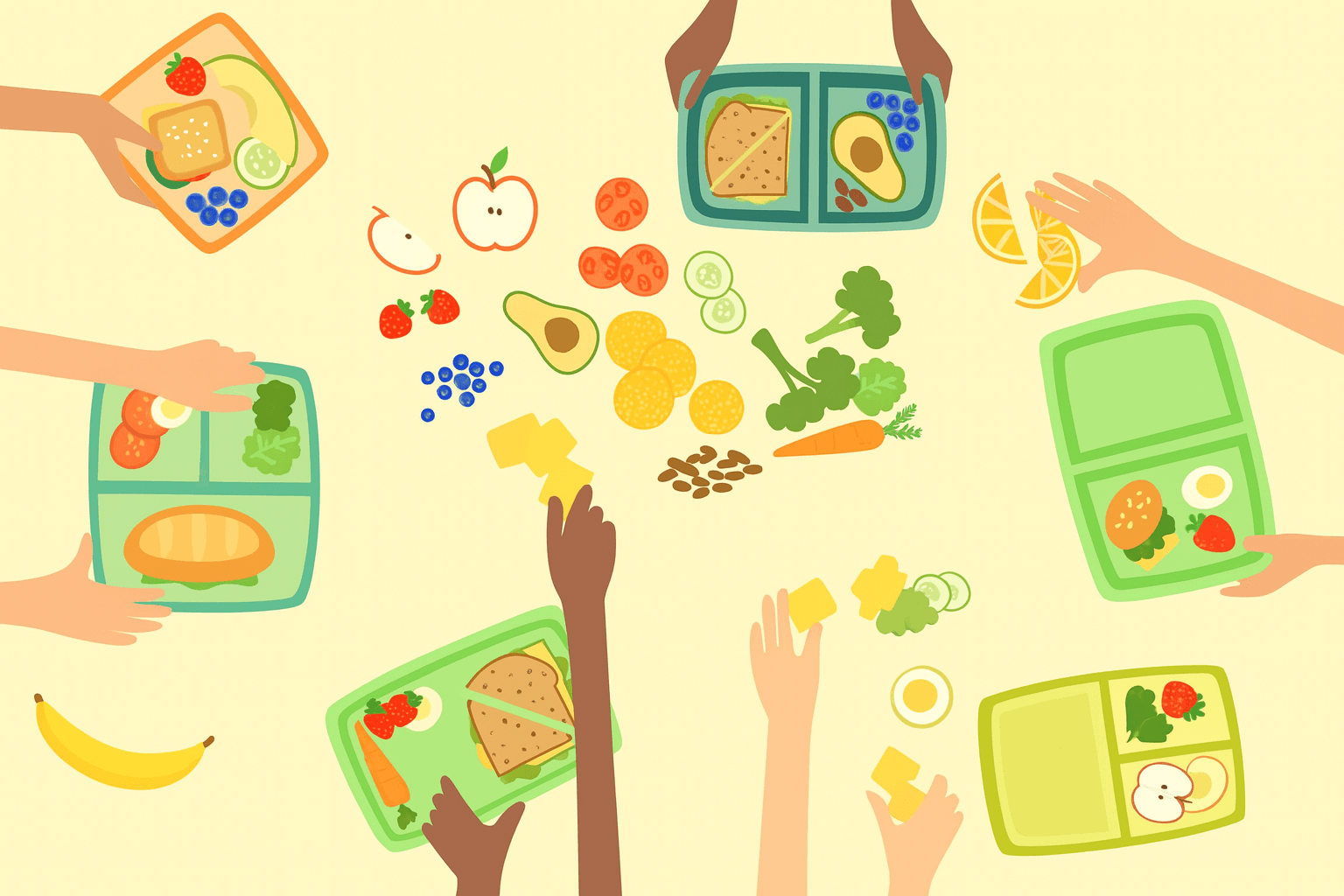 illustration of mulitple-plates around healthy green foods