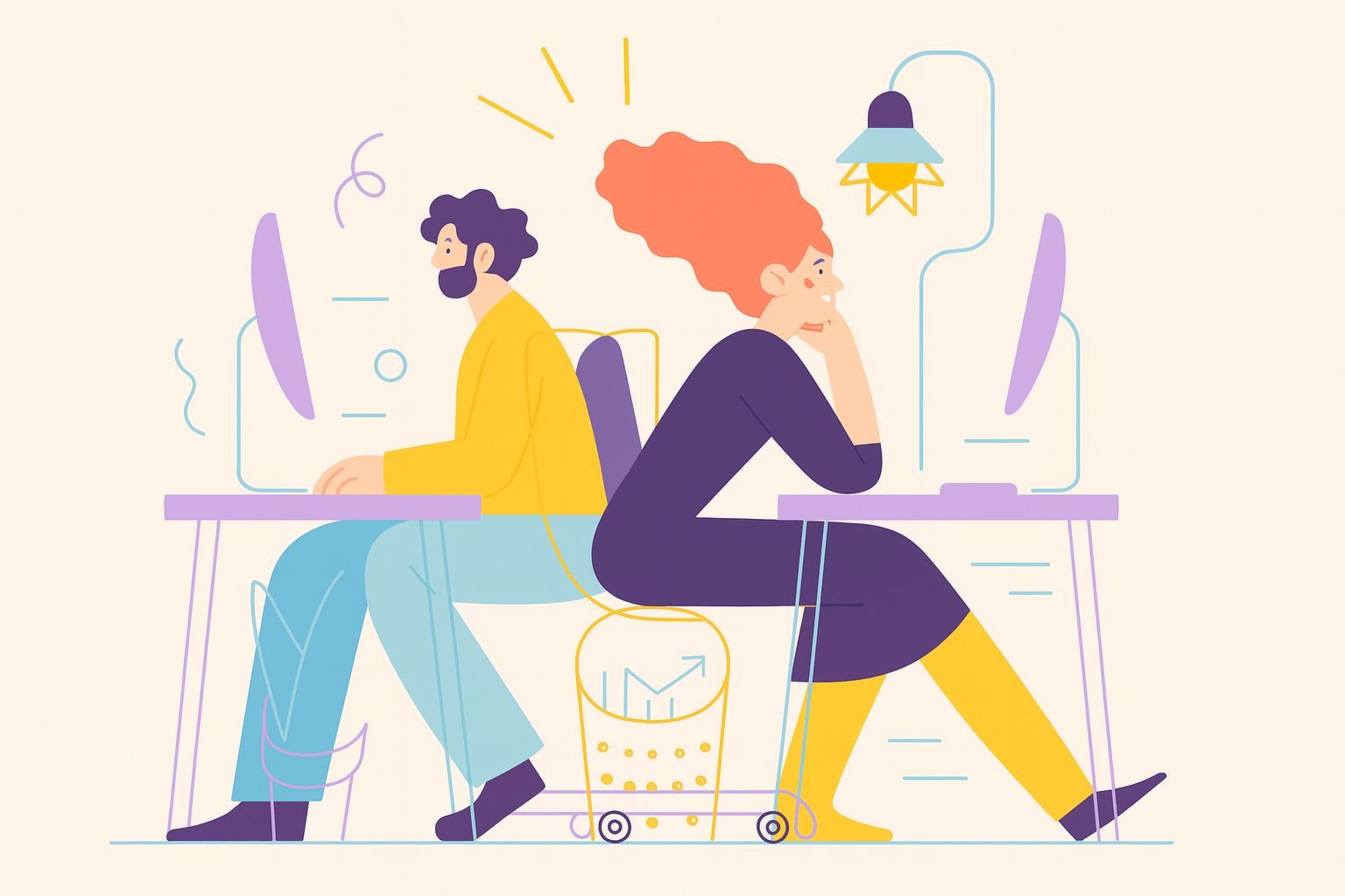 two persons sitting in a front of desk.
