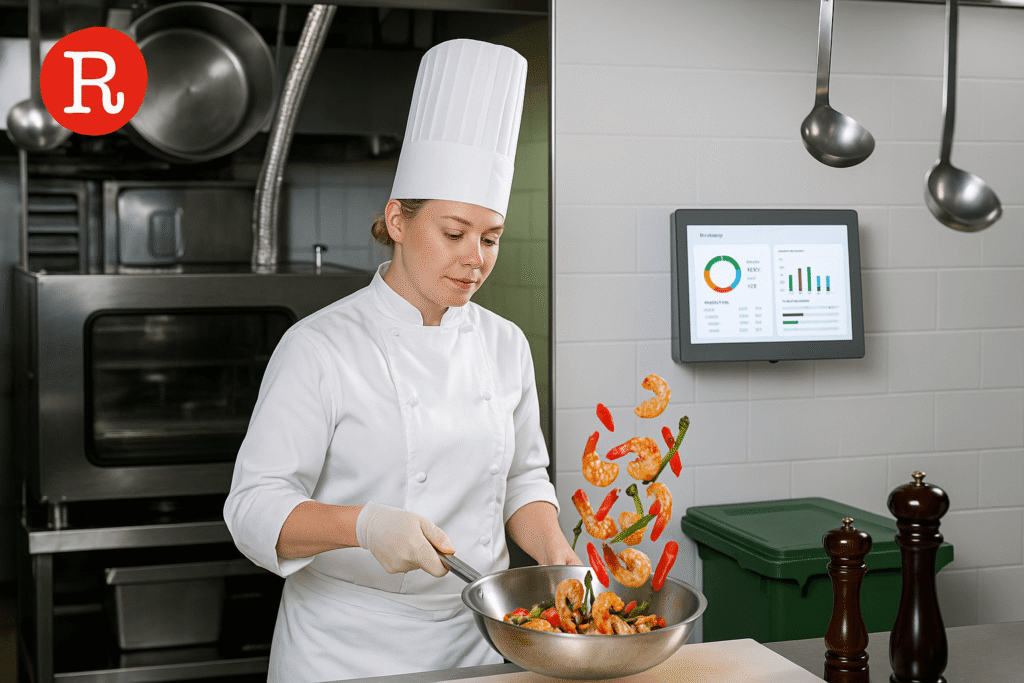 Female chef tossing shrimp and vegetables in a modern kitchen with a digital food tracking screen.