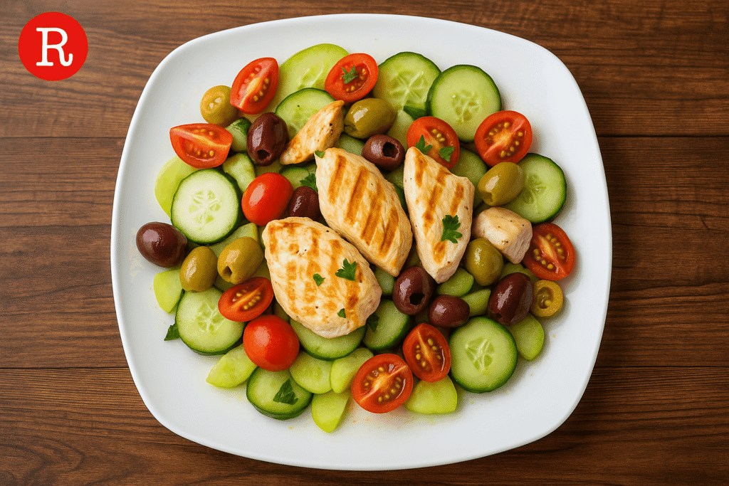 Mediterranean chicken salad with olives, tomatoes, cucumbers, and chayote on a white plate.