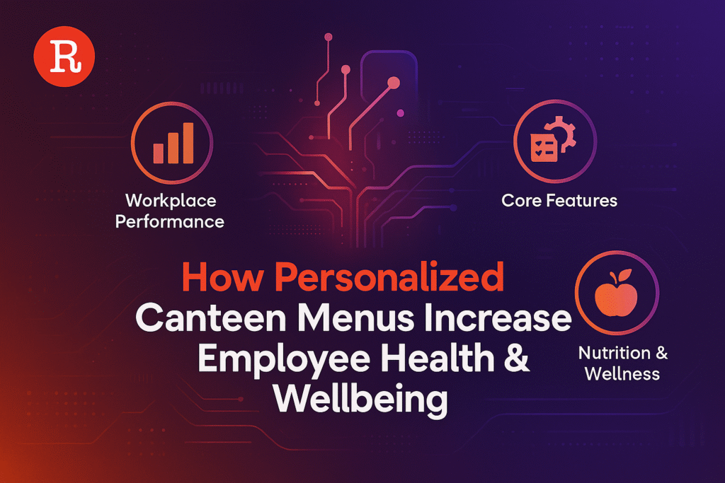 Infographic on personalized canteen menus and employee wellbeing with tech icons.