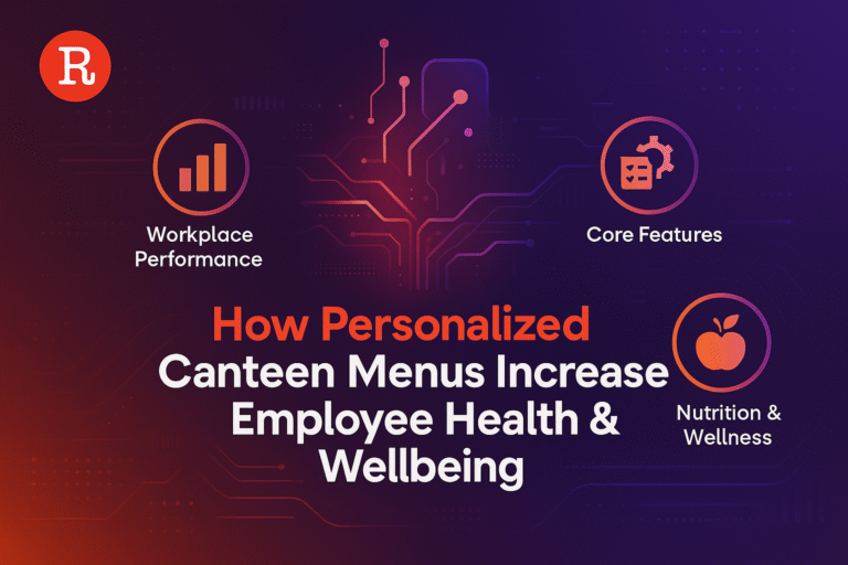 Infographic on personalized canteen menus and employee wellbeing with tech icons.