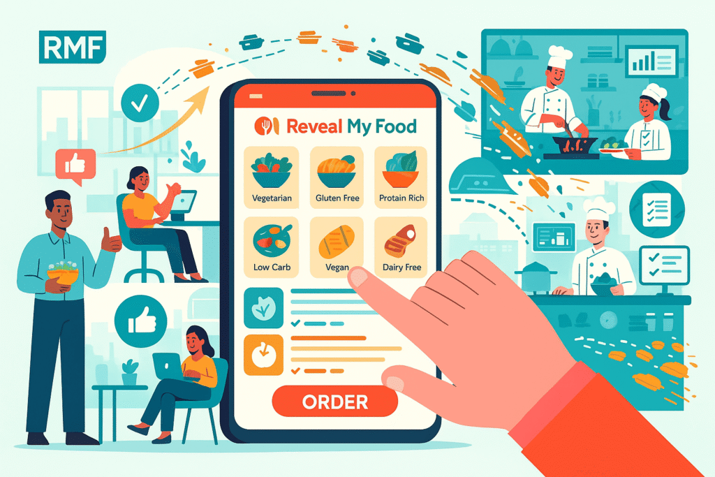 employees using RMF app to order personalized meals in a scalable workplace canteen system.