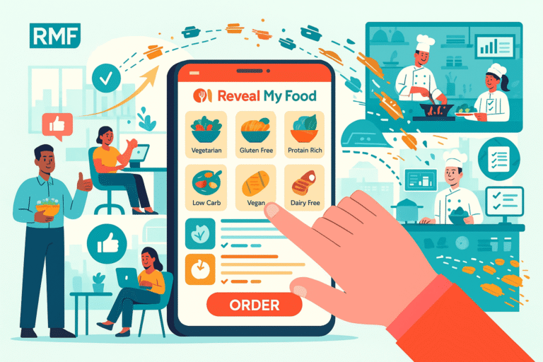 employees using RMF app to order personalized meals in a scalable workplace canteen system.