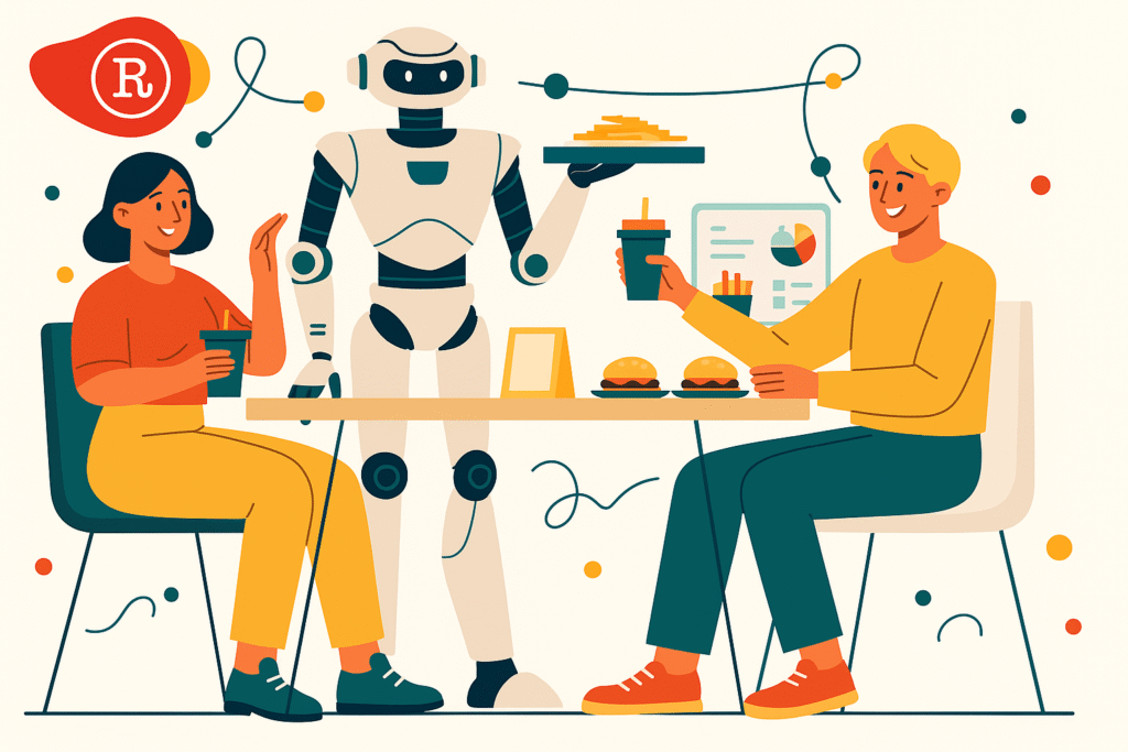Robot serving lunch to corporate employees using AI-powered menus in a modern cafeteria.