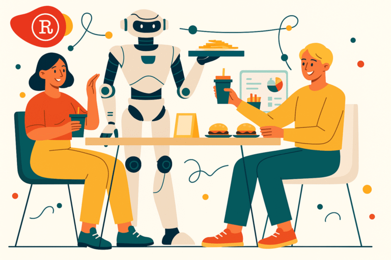 Robot serving lunch to corporate employees using AI-powered menus in a modern cafeteria.