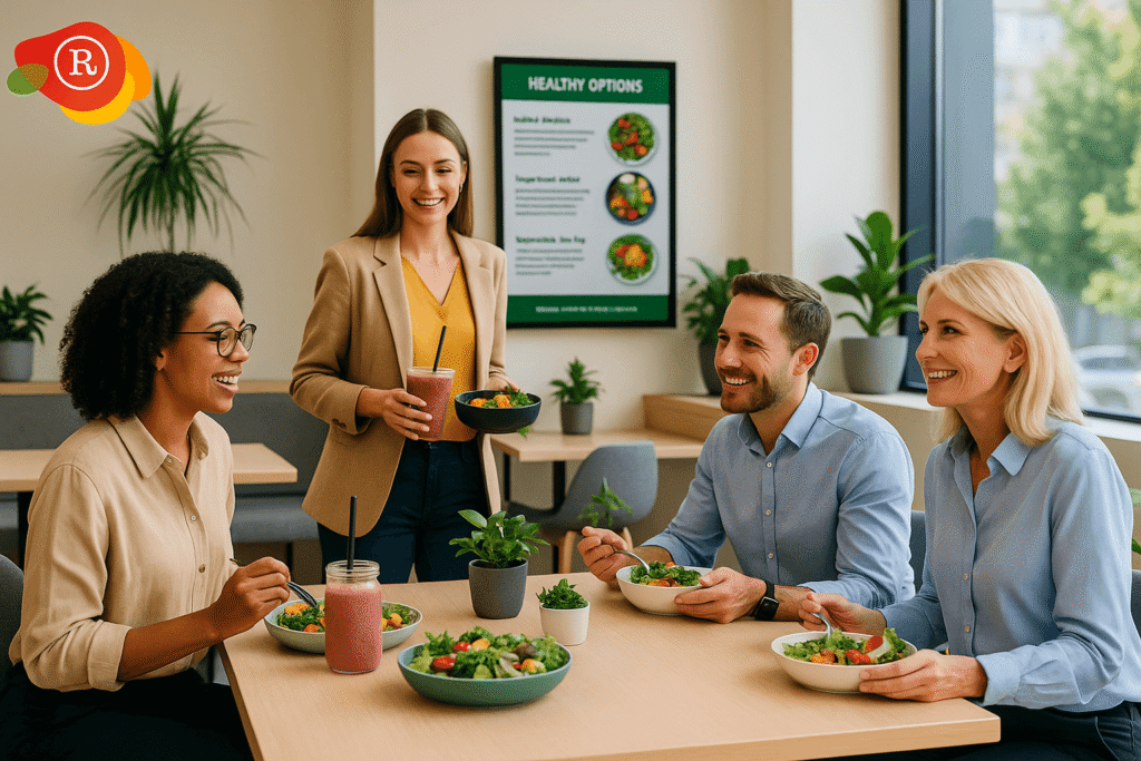employees eating lunch at a table in a canteen