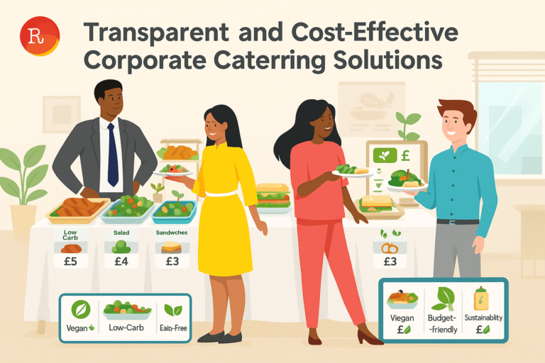 Corporate employees enjoying a buffet lunch with labeled healthy meals.