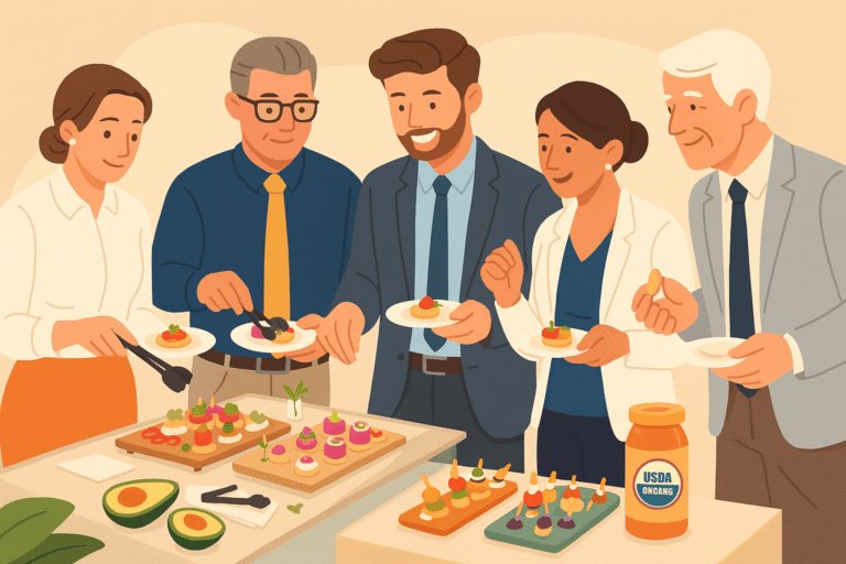 Colleagues choosing canapes at a corporate buffet
