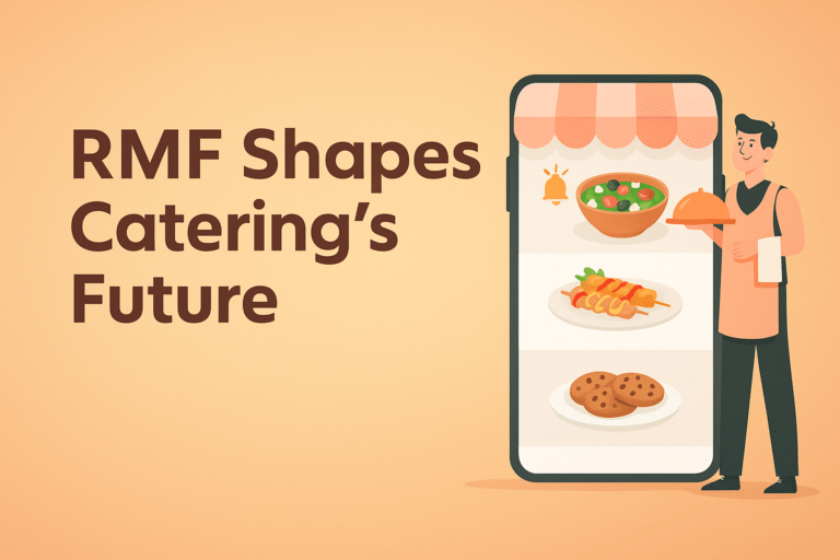 RMF Shapes Catering’s Future banner with server and smartphone menu.