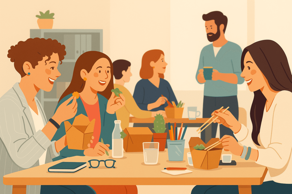 Team members sharing lunch in a modern office.