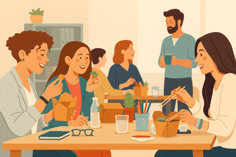 Team members sharing lunch in a modern office.