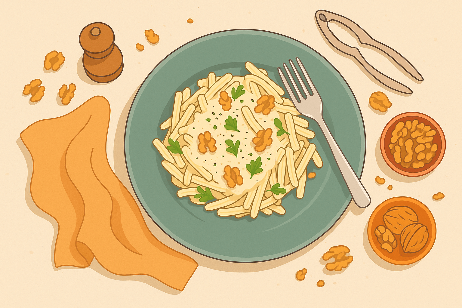 illustration of a rustic pasta dish with creamy sauce and walnut pieces